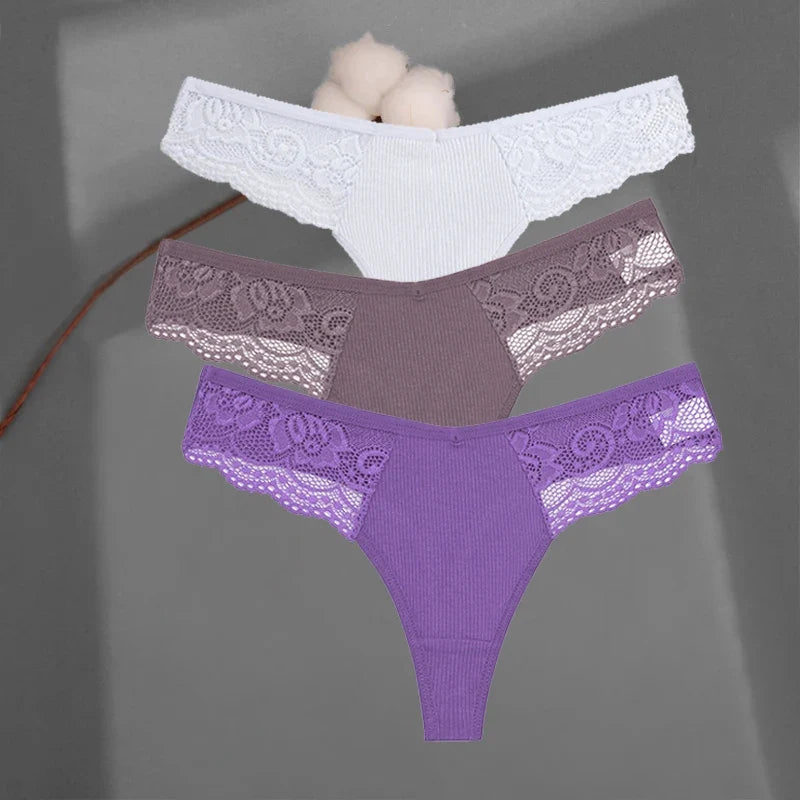 3Pcs/set Cotton Thongs Lace Bikini Underpants Women S-XL T-Back Underwear Ladies G-string Soft Thong Panties Female Lingerie New
