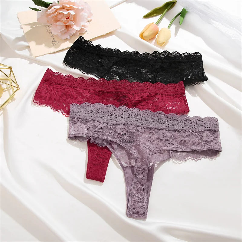 Full Lace Thongs Women 3Pcs/set Sexy G-string Underpants S-XL Ladies Floral T-Back Underwear Female Bikini Panties Girl Lingerie