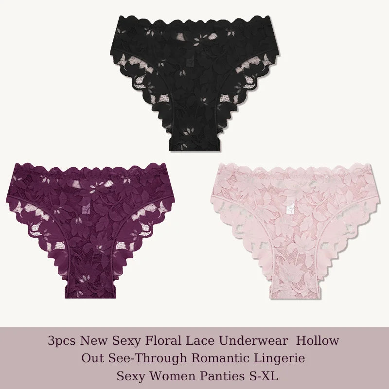 3Pcs/Set Sexy Floral Lace Underwear Panties Sets Hollow Out See-Through Romantic Lingerie Underwear Sexy Women Panties S-XL
