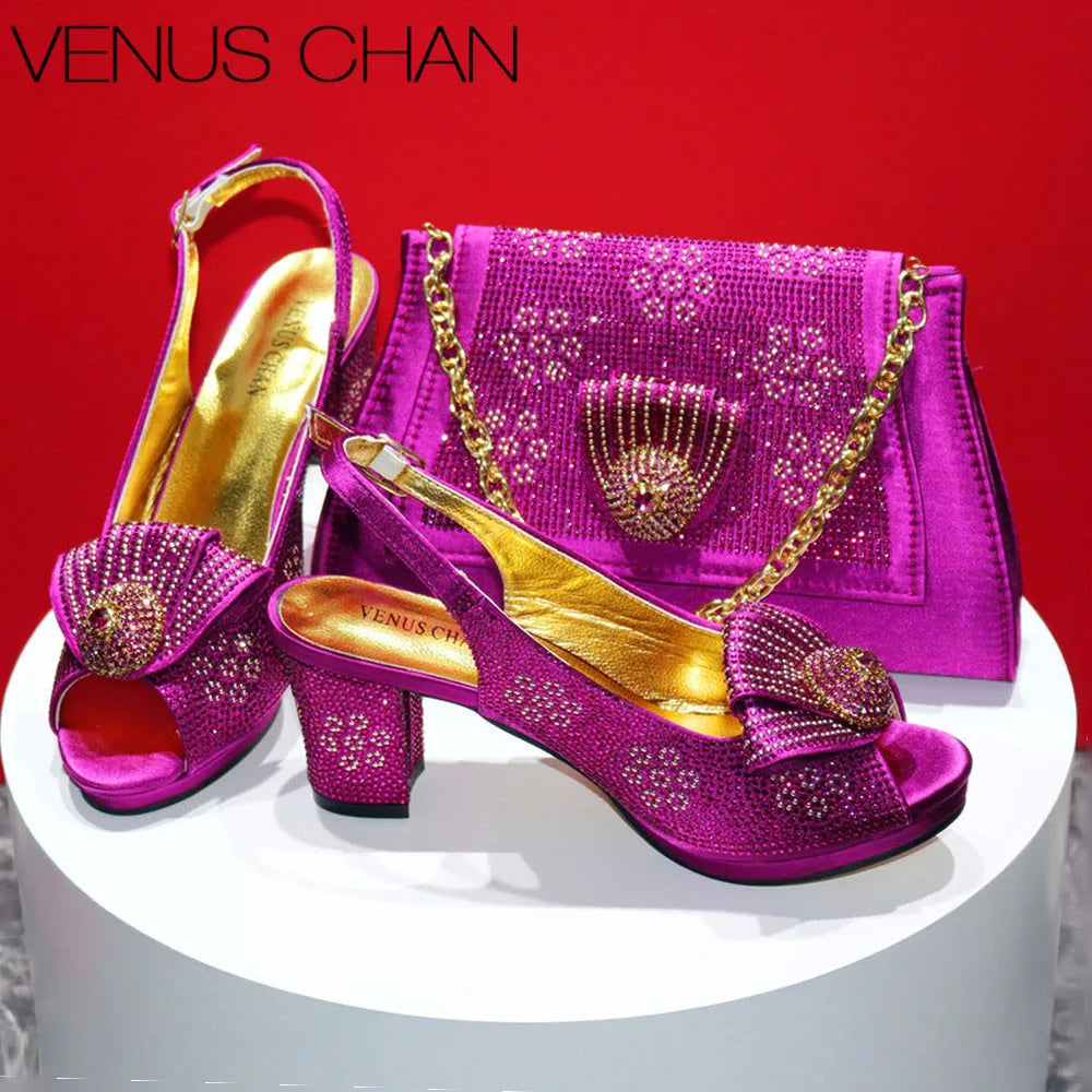 New Square Heels Peep Toe Shoes Matching Bag Set