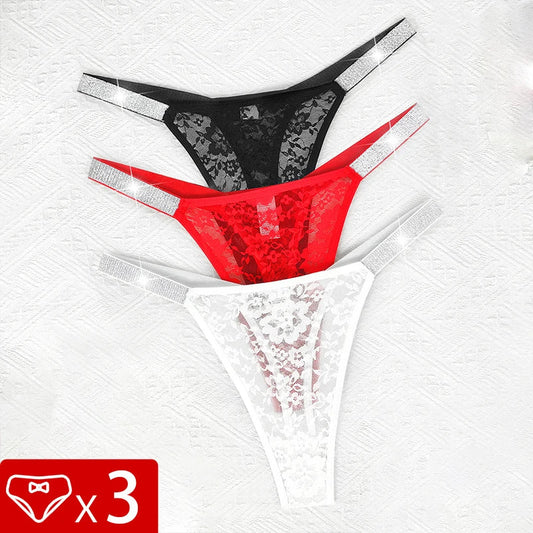 3pcs Sexy Thongs Lace Women Underwear Perspective Floral Panties Low Rise Two Shiny Belts G-string Comfortable Intimate Lingerie