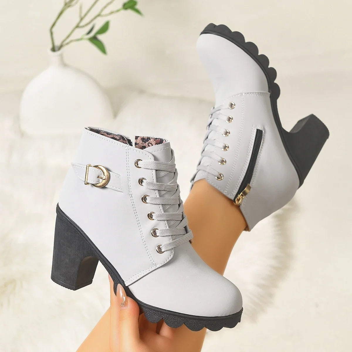 Women Lace‑Up Ankle Boots With Metal Buckle Side Zipper Chunky Block Heels