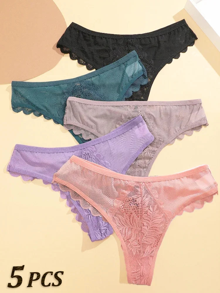 5PCs/Set Sexy Lace Thongs for Women Solid G-String Panties Floral Perspective Underwear Female Soft Breathable Women Lingerie