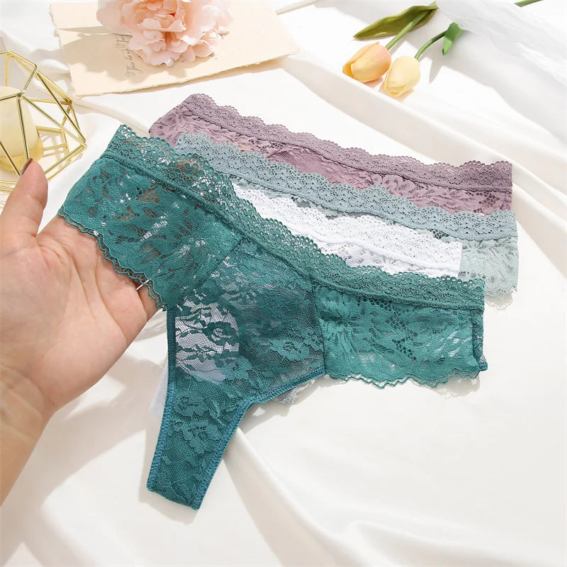 Full Lace Thongs Women 3Pcs/set Sexy G-string Underpants S-XL Ladies Floral T-Back Underwear Female Bikini Panties Girl Lingerie