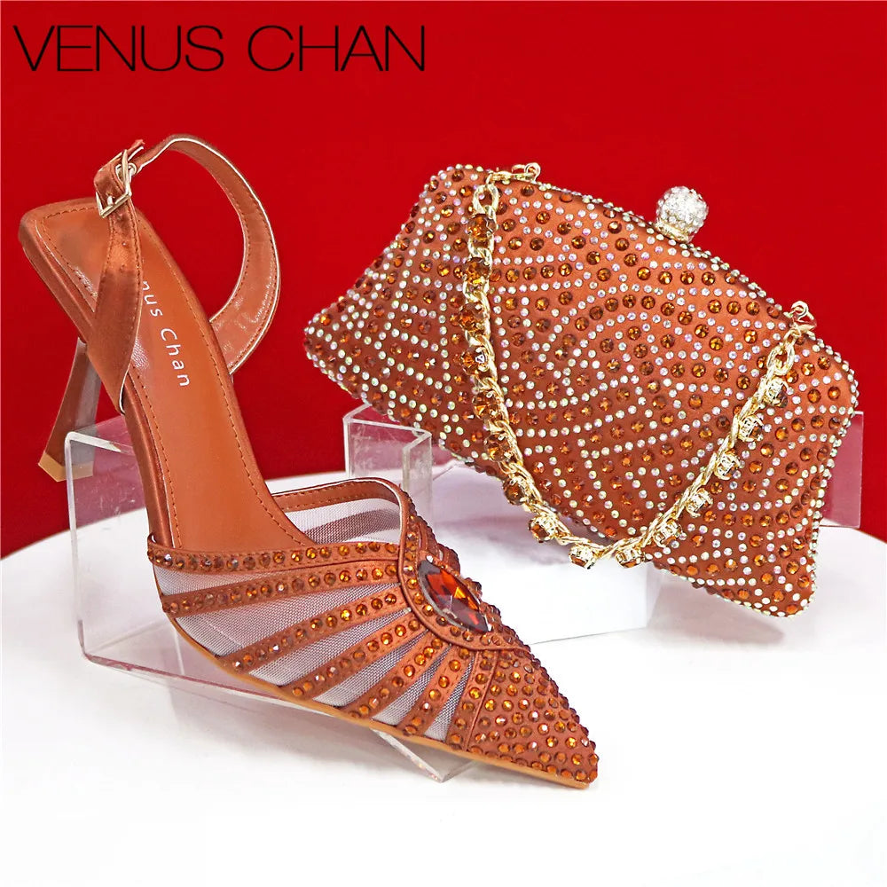 Women's Green Heels and Rhinestone Handbag Set