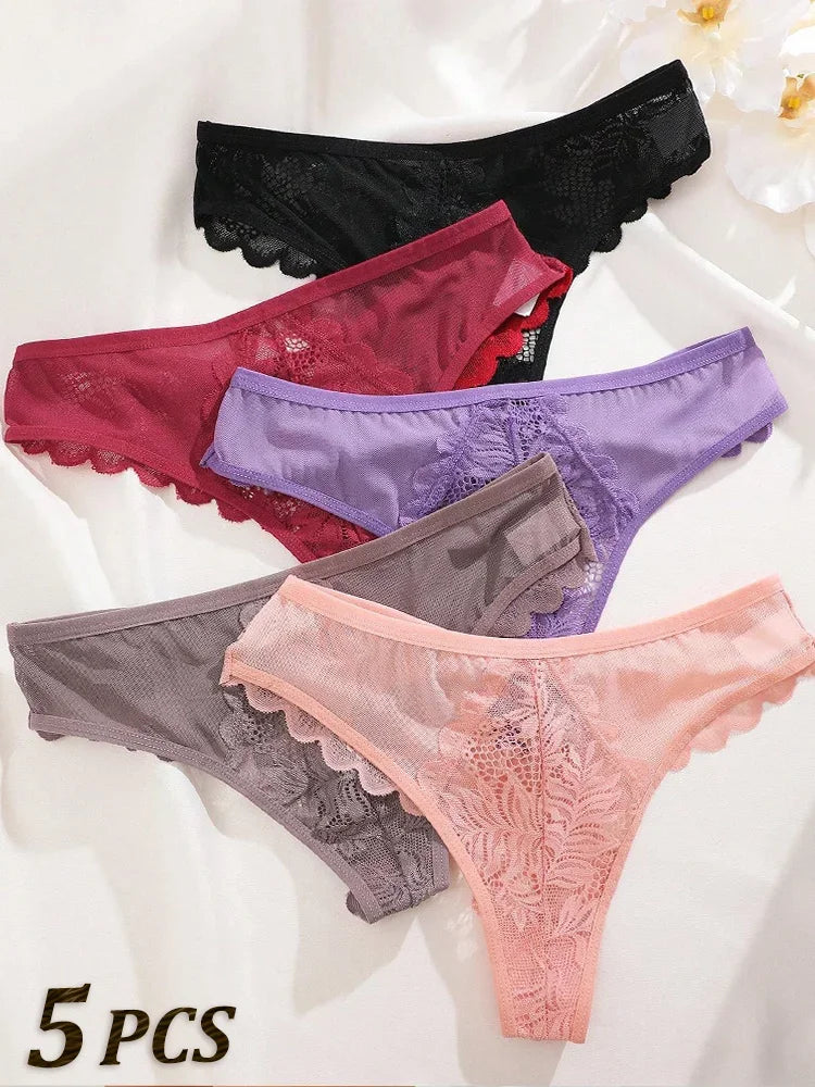 5PCs/Set Sexy Lace Thongs for Women Solid G-String Panties Floral Perspective Underwear Female Soft Breathable Women Lingerie