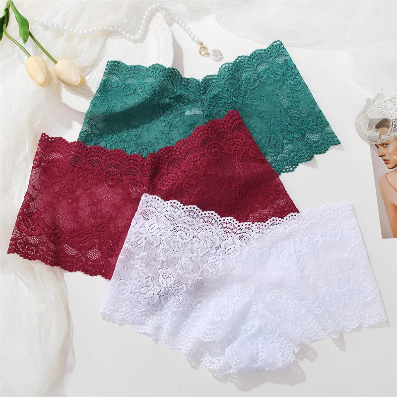 Sexy Lace Panties Women Boyshort Underwear 3Pcs/set Low-Rise Underpants S-XL Ladies Floral Panties Sexy Boyshort Female Lingerie