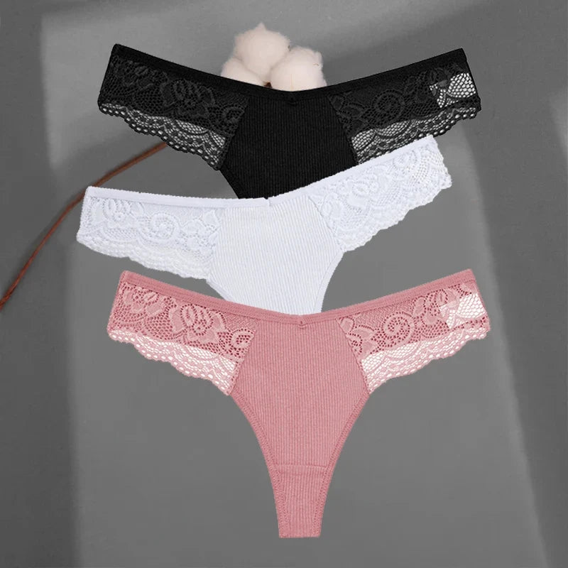3Pcs/set Cotton Thongs Lace Bikini Underpants Women S-XL T-Back Underwear Ladies G-string Soft Thong Panties Female Lingerie New