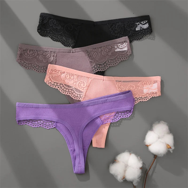 3Pcs/set Cotton Thongs Lace Bikini Underpants Women S-XL T-Back Underwear Ladies G-string Soft Thong Panties Female Lingerie New