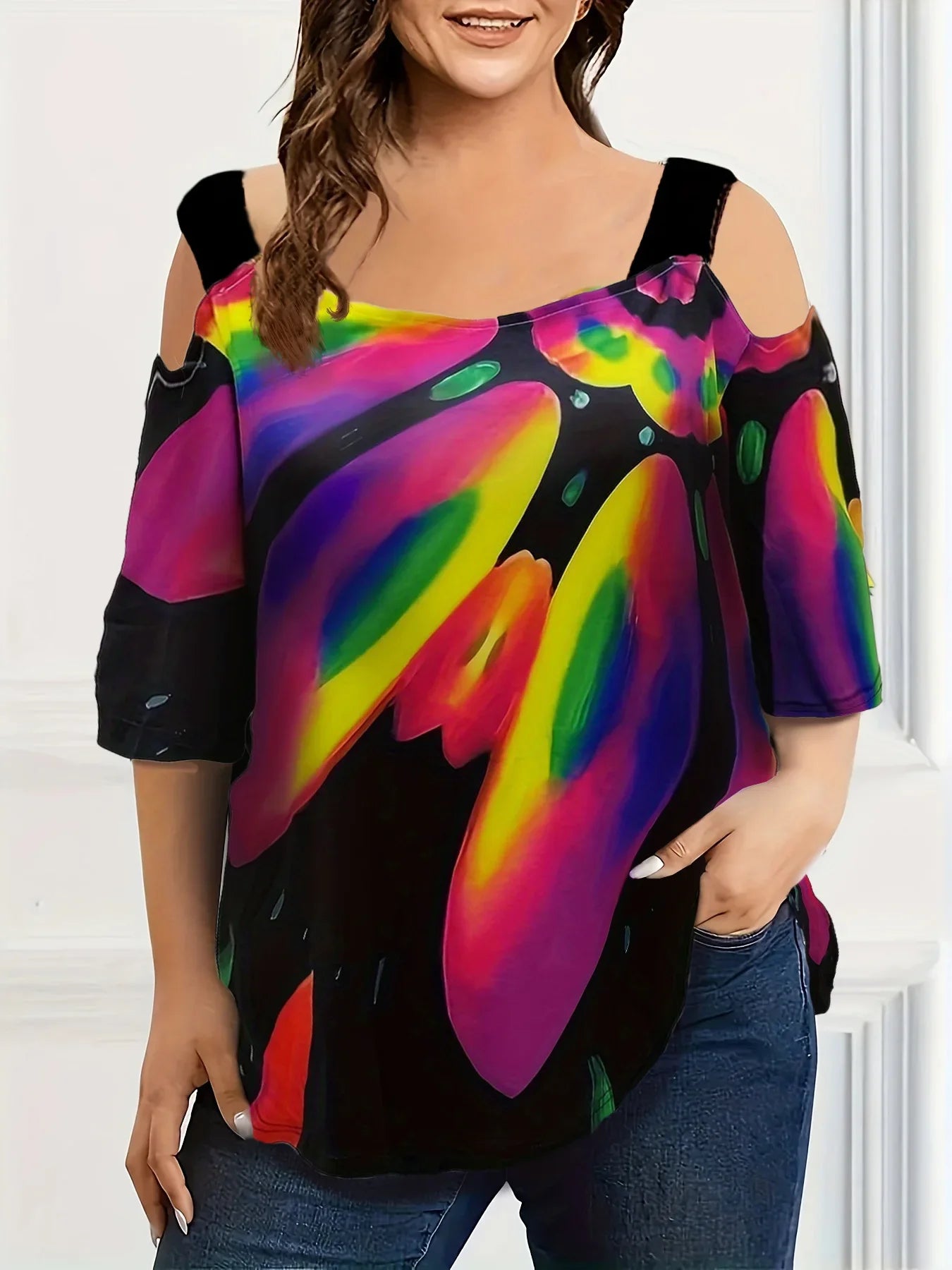 Summer new fashion strap off-the-shoulder multi-color print plus size women's short sleeve t-shirt