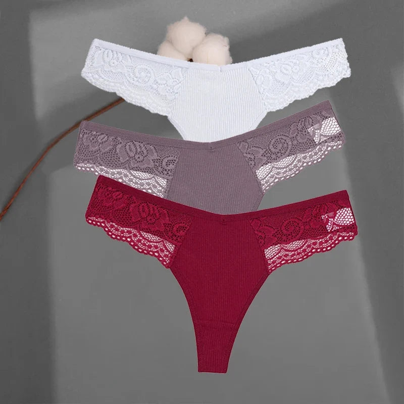 3Pcs/set Cotton Thongs Lace Bikini Underpants Women S-XL T-Back Underwear Ladies G-string Soft Thong Panties Female Lingerie New