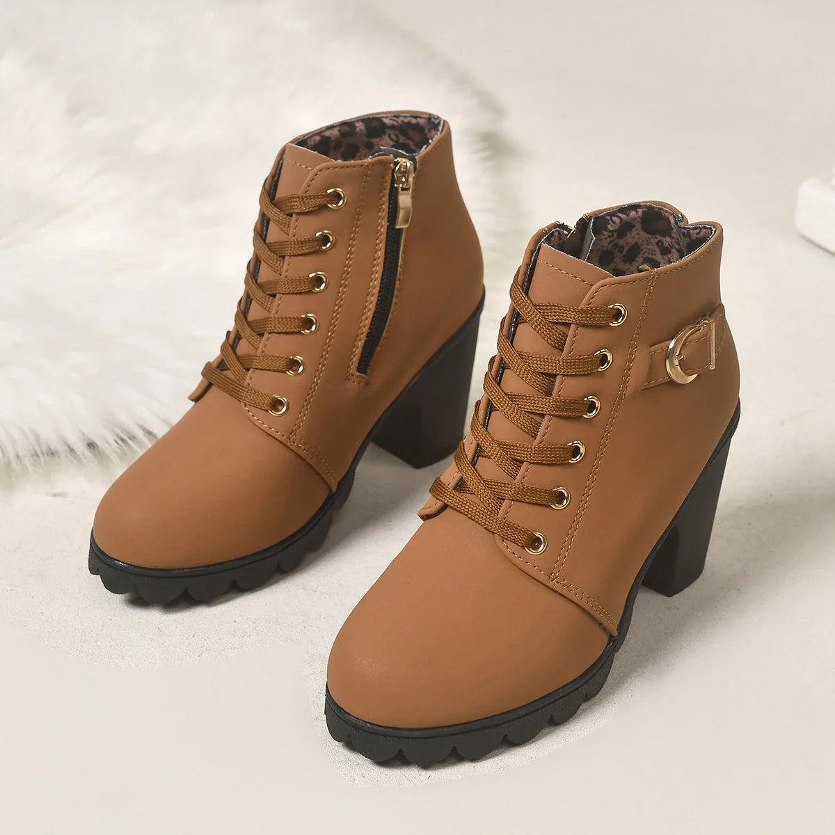 Women Lace‑Up Ankle Boots With Metal Buckle Side Zipper Chunky Block Heels