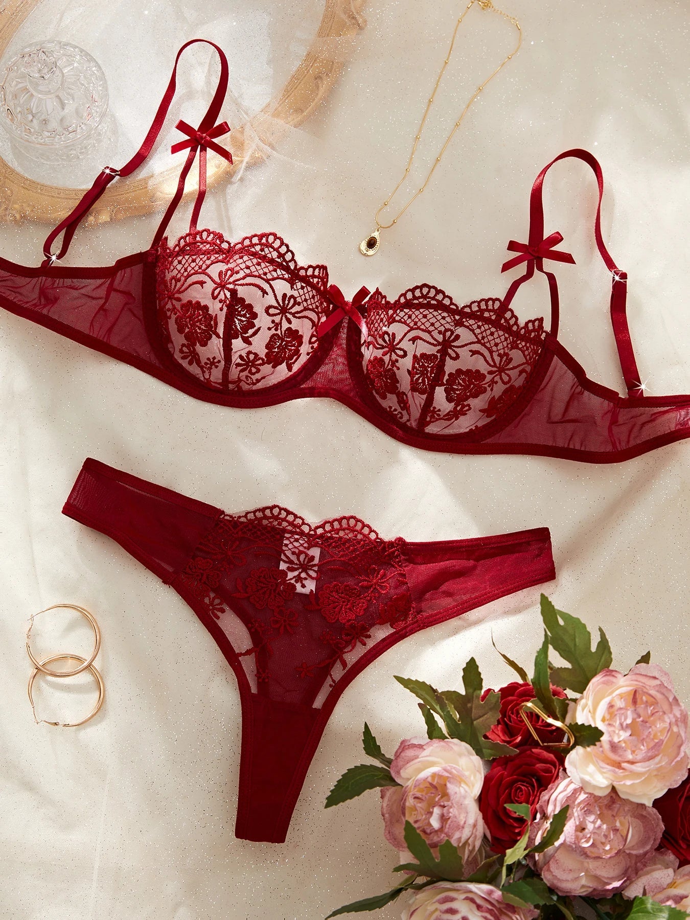 Lady Floral Embroidery Lingerie Set Women Sheer Bra and Brief Underwear Set Satin Sexy Intimates Underwear