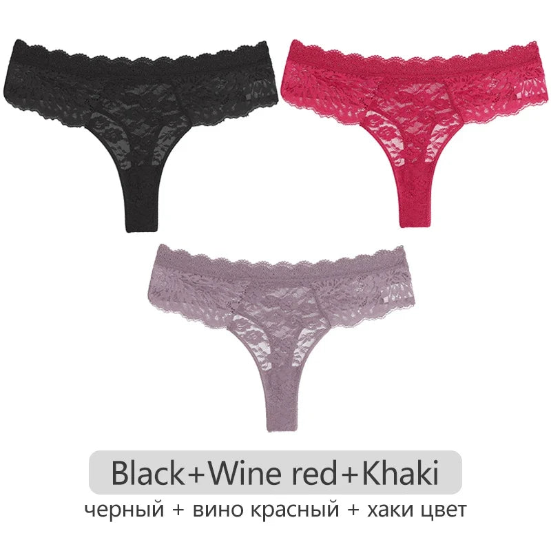 Full Lace Thongs Women 3Pcs/set Sexy G-string Underpants S-XL Ladies Floral T-Back Underwear Female Bikini Panties Girl Lingerie
