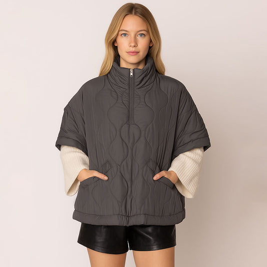 Quilted Short Sleeves Puffer Pullover Poncho