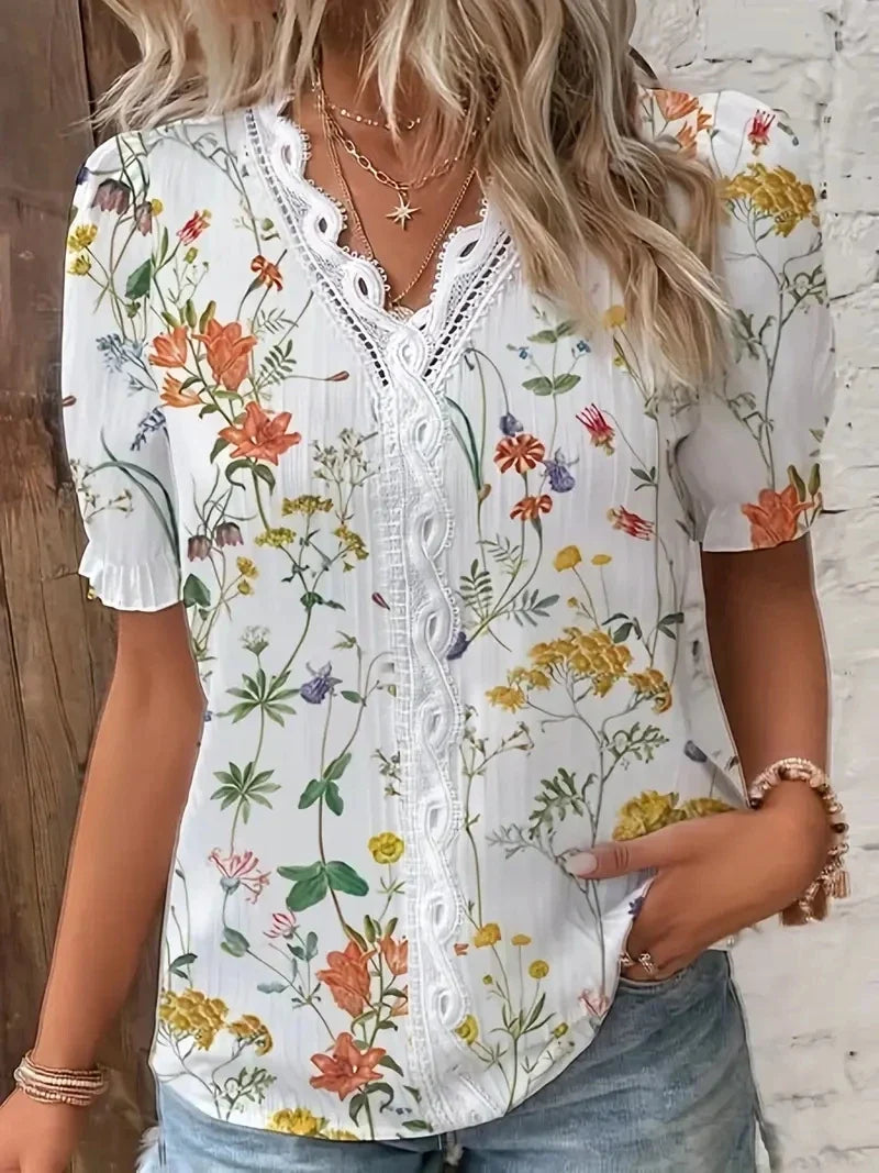 Fashion Casual Vacation Shirt Women Summer V Neck Hollow Out Solid