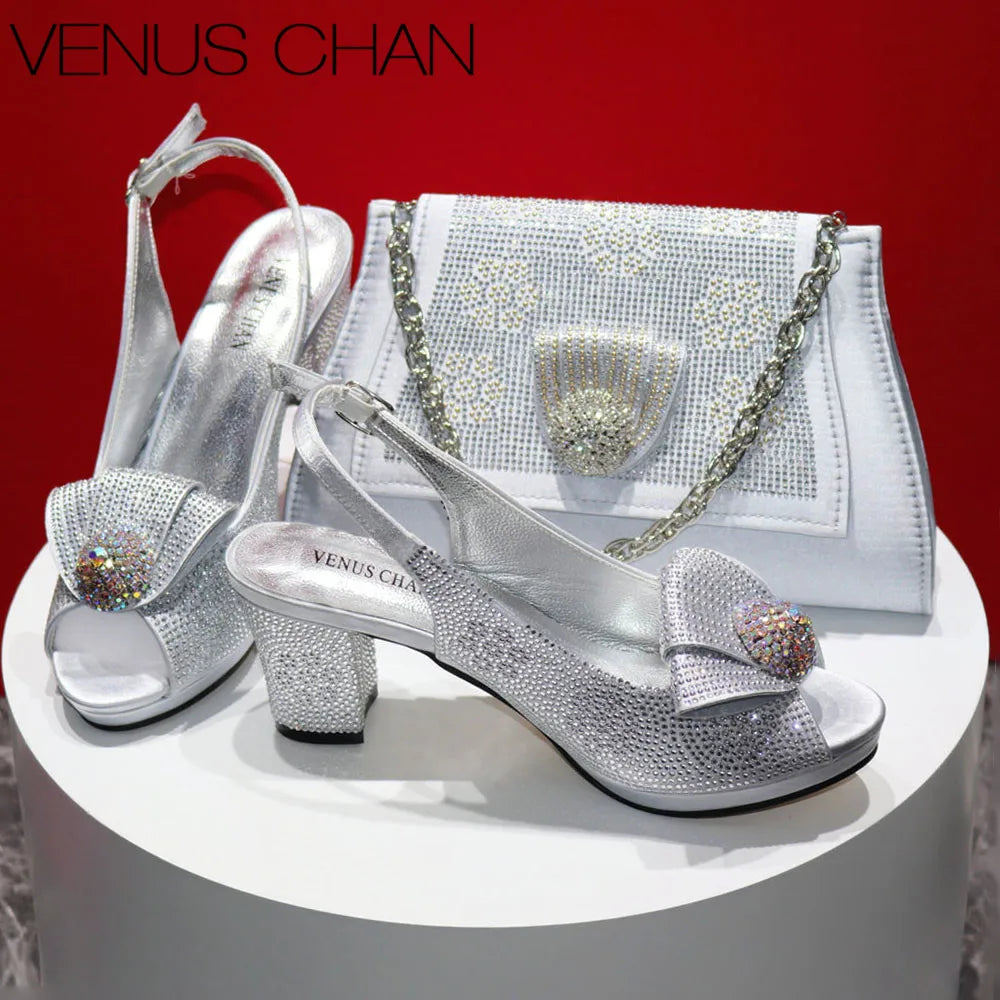 New Square Heels Peep Toe Shoes Matching Bag Set