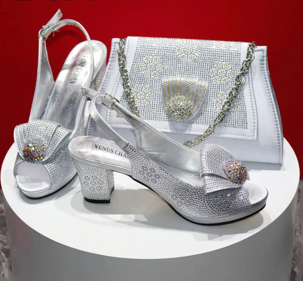 Peep Toe Shoes Matching Bag Set For Wedding Party