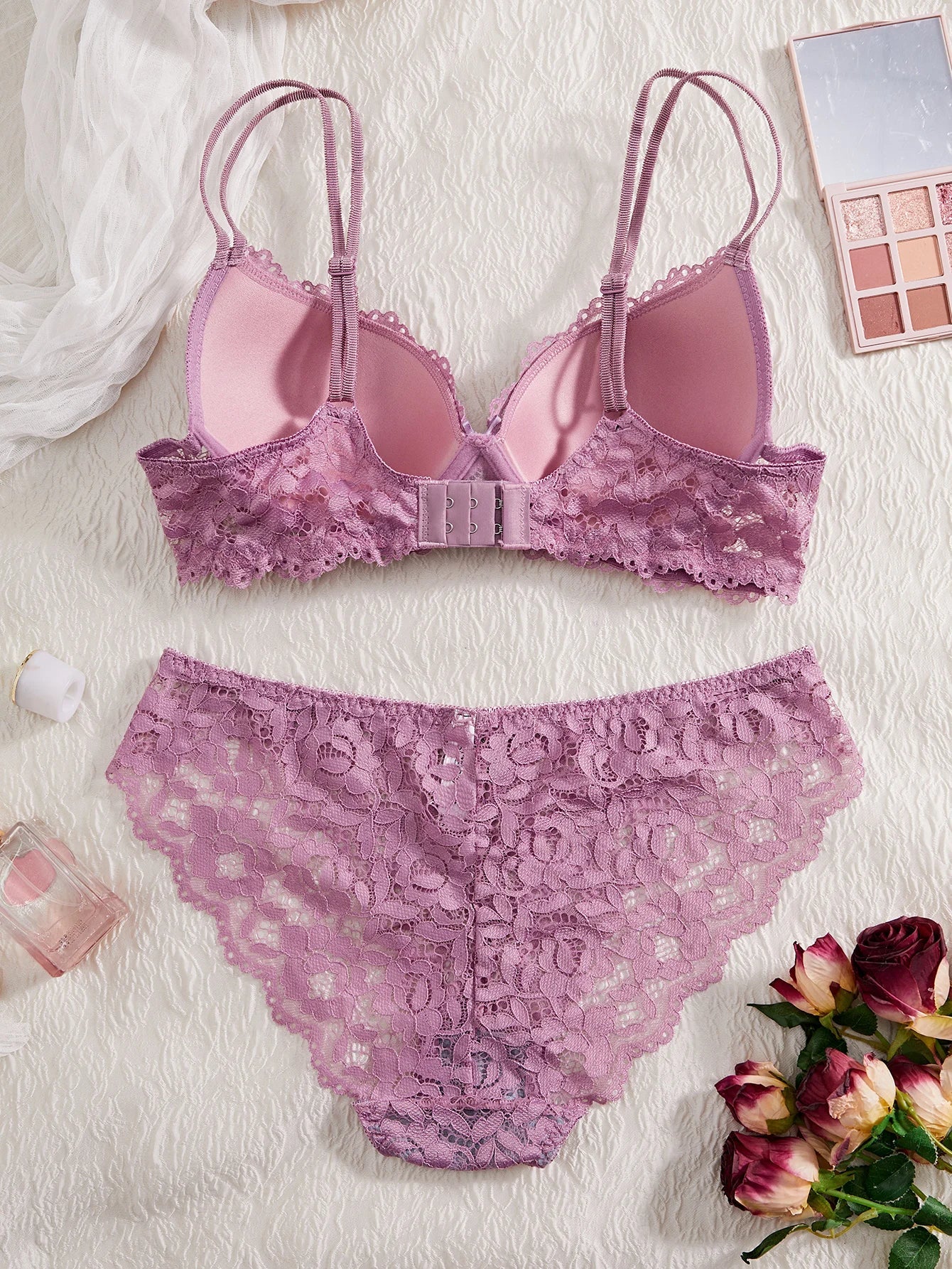 Women's Sexy Lingerie Set Lace Patchwork Solid Color Bowknot Rhinestone Embellished Push-Up Double Shoulder Strap Unlined Comfortable Underwear, Lace Semi-Transparent Breathable Panties