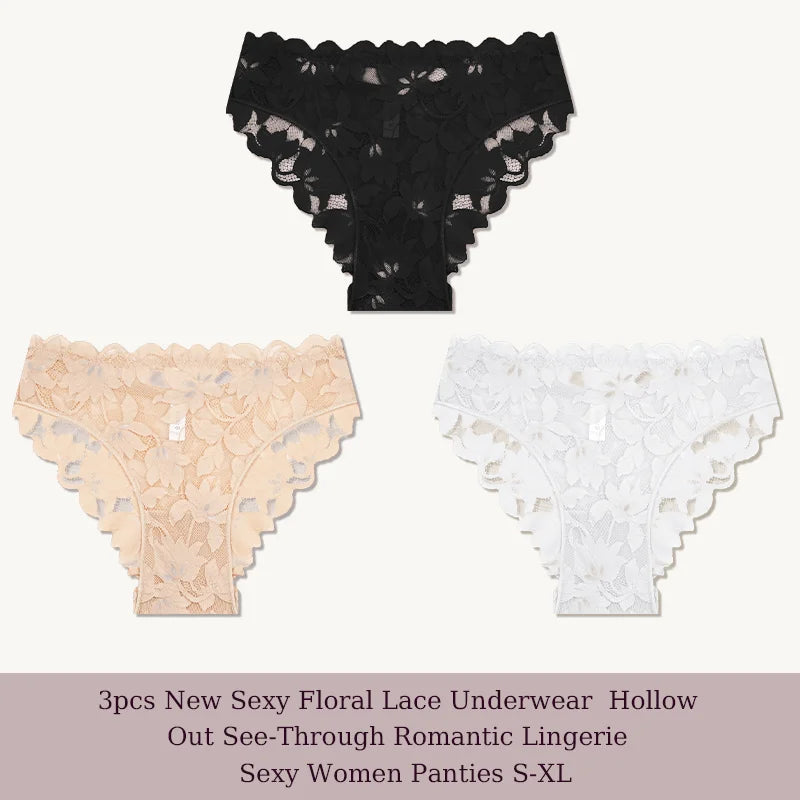 3Pcs/Set Sexy Floral Lace Underwear Panties Sets Hollow Out See-Through Romantic Lingerie Underwear Sexy Women Panties S-XL