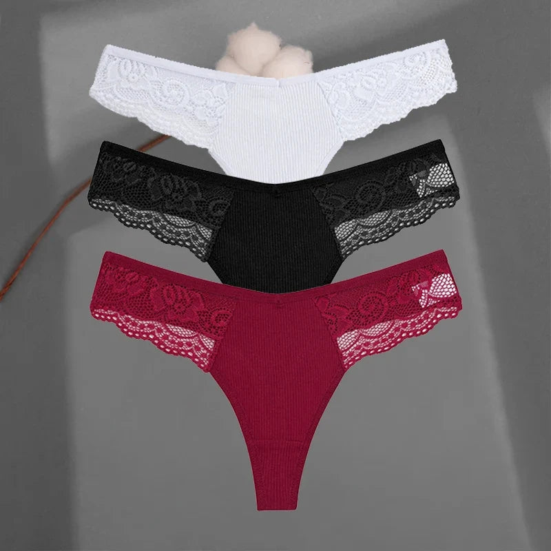 3Pcs/set Cotton Thongs Lace Bikini Underpants Women S-XL T-Back Underwear Ladies G-string Soft Thong Panties Female Lingerie New