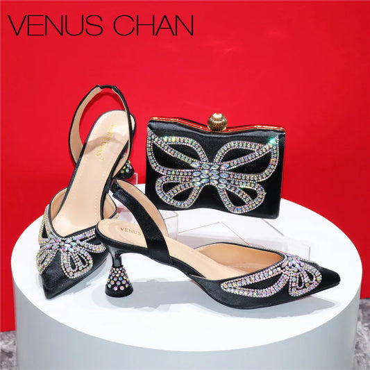 Elegant Rhinestone Pointed-Toe Pumps With Matching Bag Set