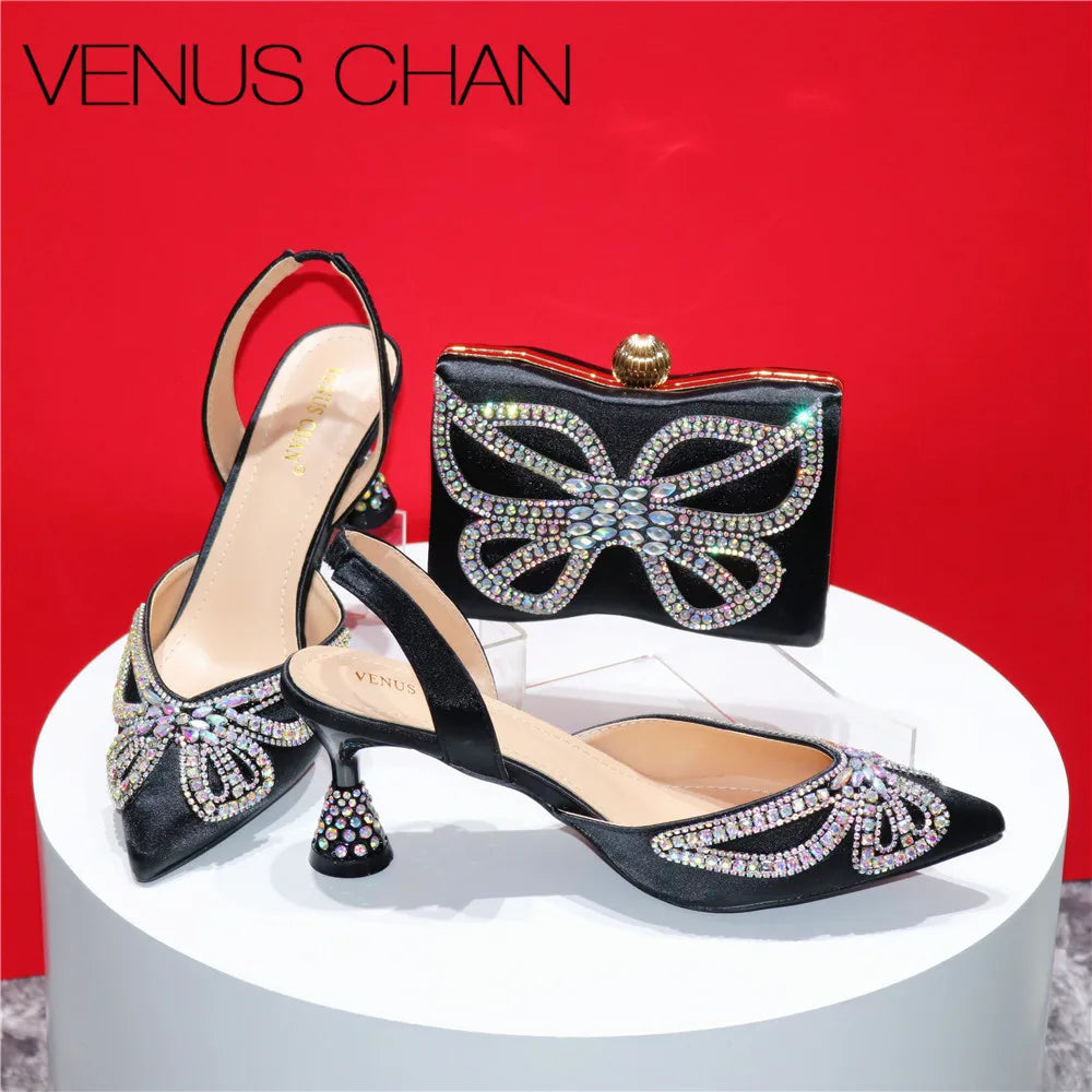 Design Diamond-Encrusted Bag And Pointed High-Heeled Shoes
