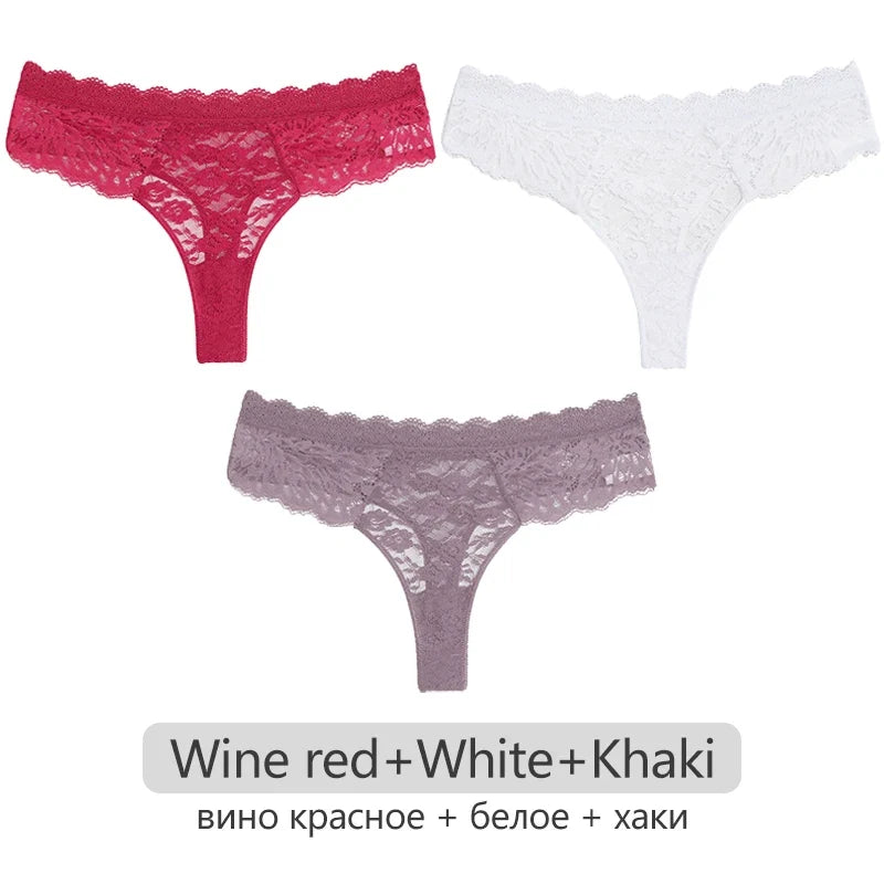Full Lace Thongs Women 3Pcs/set Sexy G-string Underpants S-XL Ladies Floral T-Back Underwear Female Bikini Panties Girl Lingerie