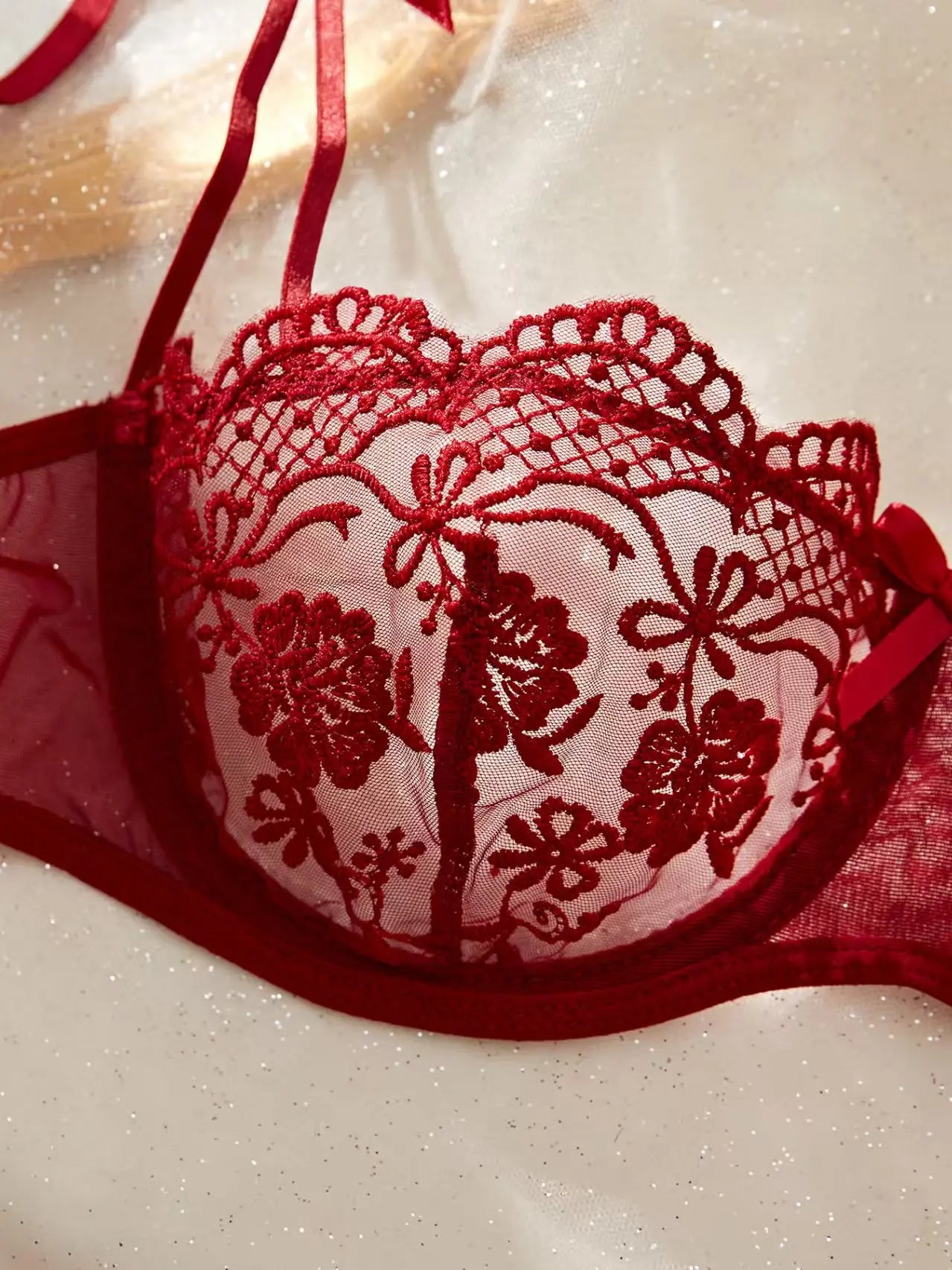 Lady Floral Embroidery Lingerie Set Women Sheer Bra and Brief Underwear Set Satin Sexy Intimates Underwear