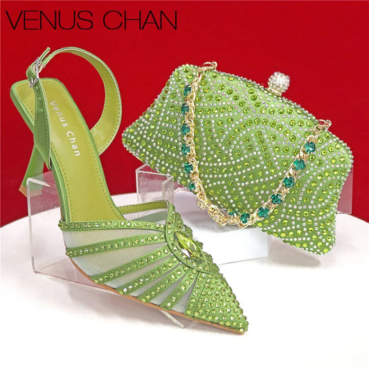 Women's Green Heels and Rhinestone Handbag Set