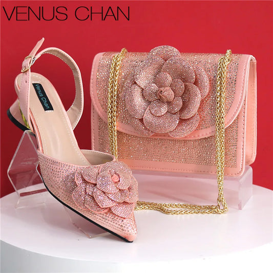 Elegant Lady Shoes And Bag Set with Rhinestone Embellished