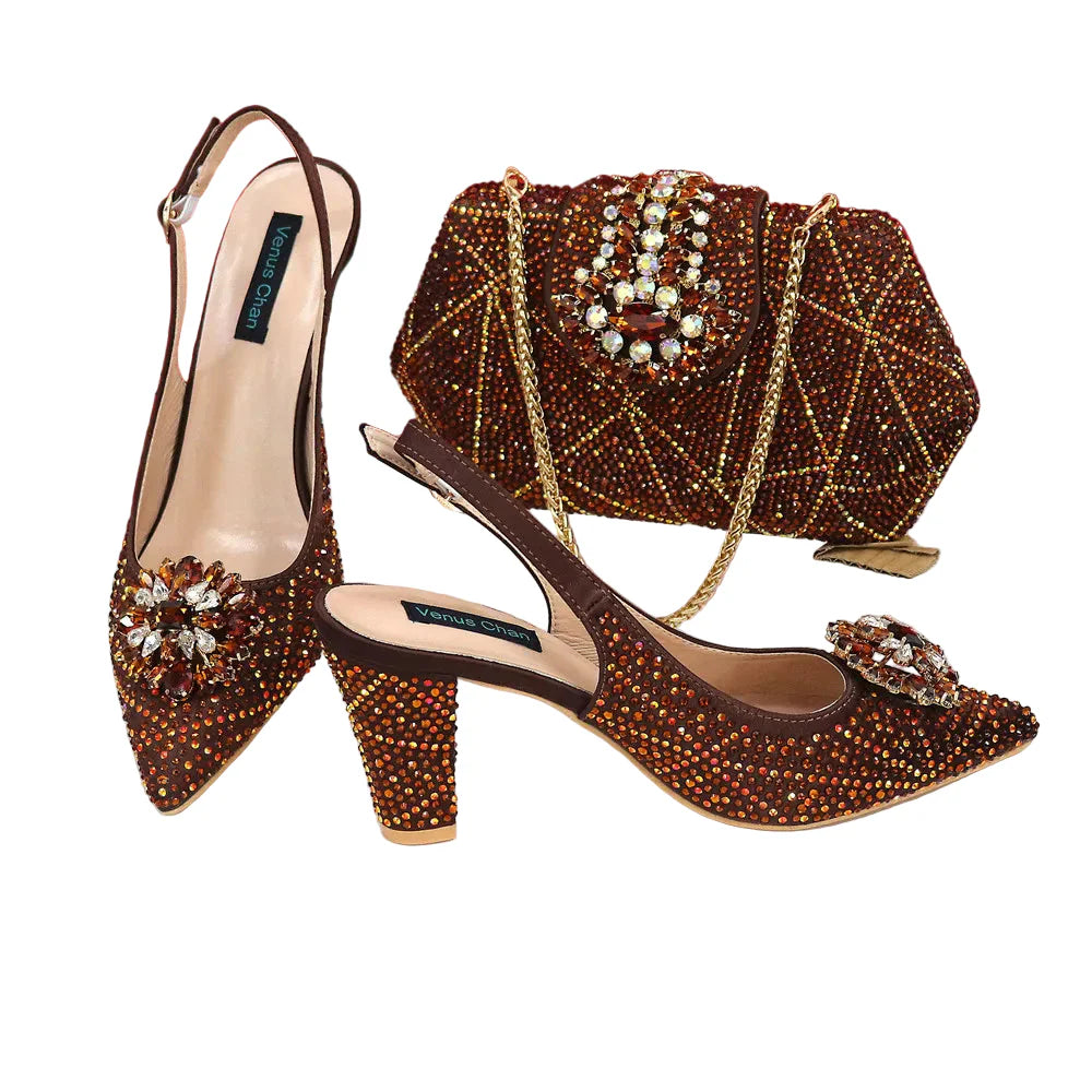 Italian Shoe and Bag Set With Decorated with Rhinestone