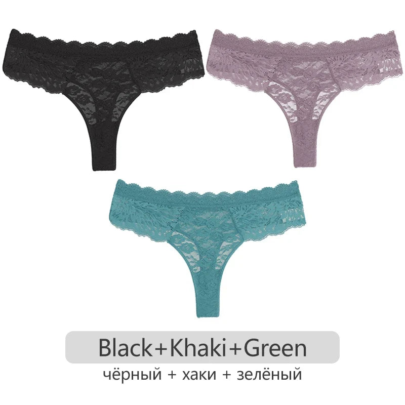 Full Lace Thongs Women 3Pcs/set Sexy G-string Underpants S-XL Ladies Floral T-Back Underwear Female Bikini Panties Girl Lingerie