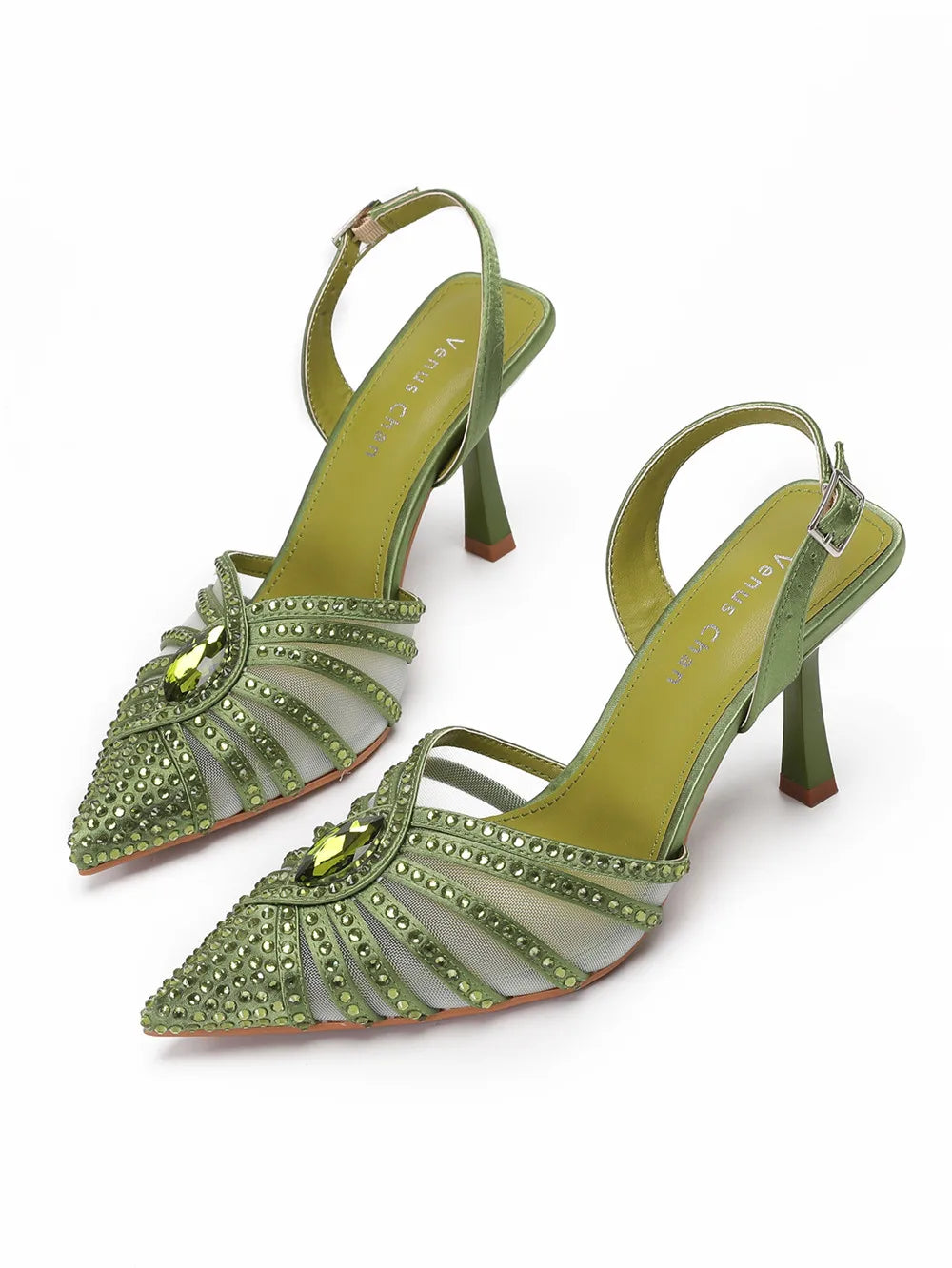 Women's Green Heels and Rhinestone Handbag Set