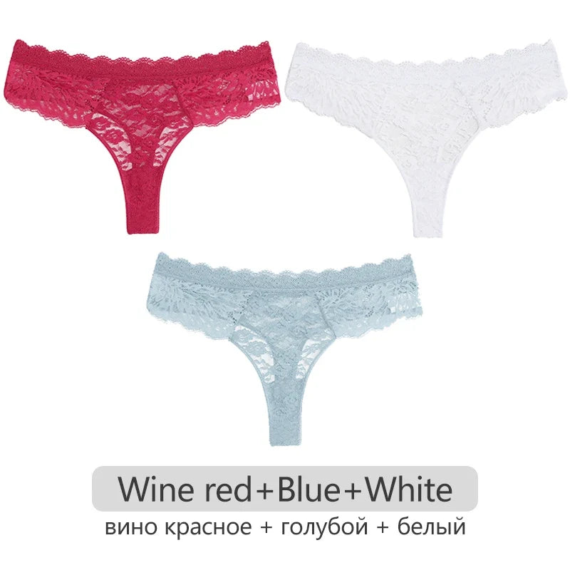Full Lace Thongs Women 3Pcs/set Sexy G-string Underpants S-XL Ladies Floral T-Back Underwear Female Bikini Panties Girl Lingerie