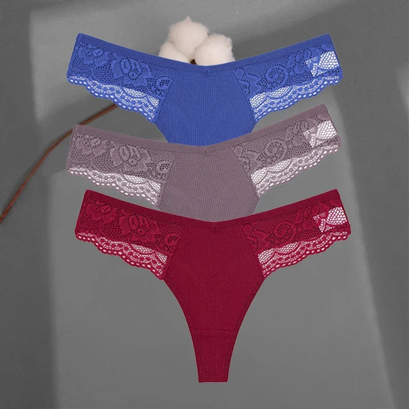 3Pcs/set Cotton Thongs Lace Bikini Underpants Women S-XL T-Back Underwear Ladies G-string Soft Thong Panties Female Lingerie New