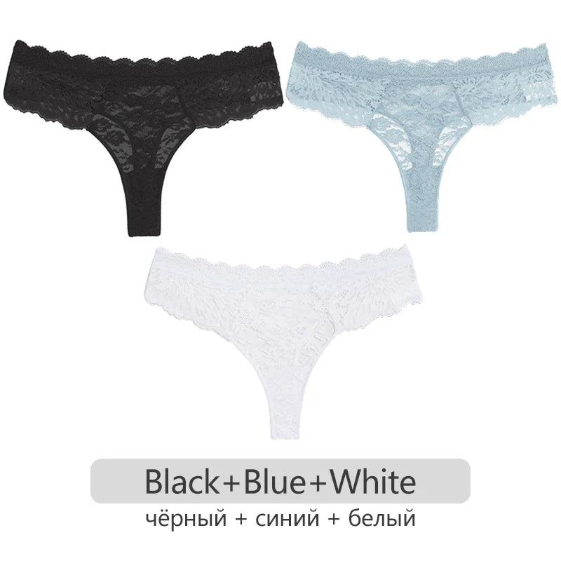 Full Lace Thongs Women 3Pcs/set Sexy G-string Underpants S-XL Ladies Floral T-Back Underwear Female Bikini Panties Girl Lingerie