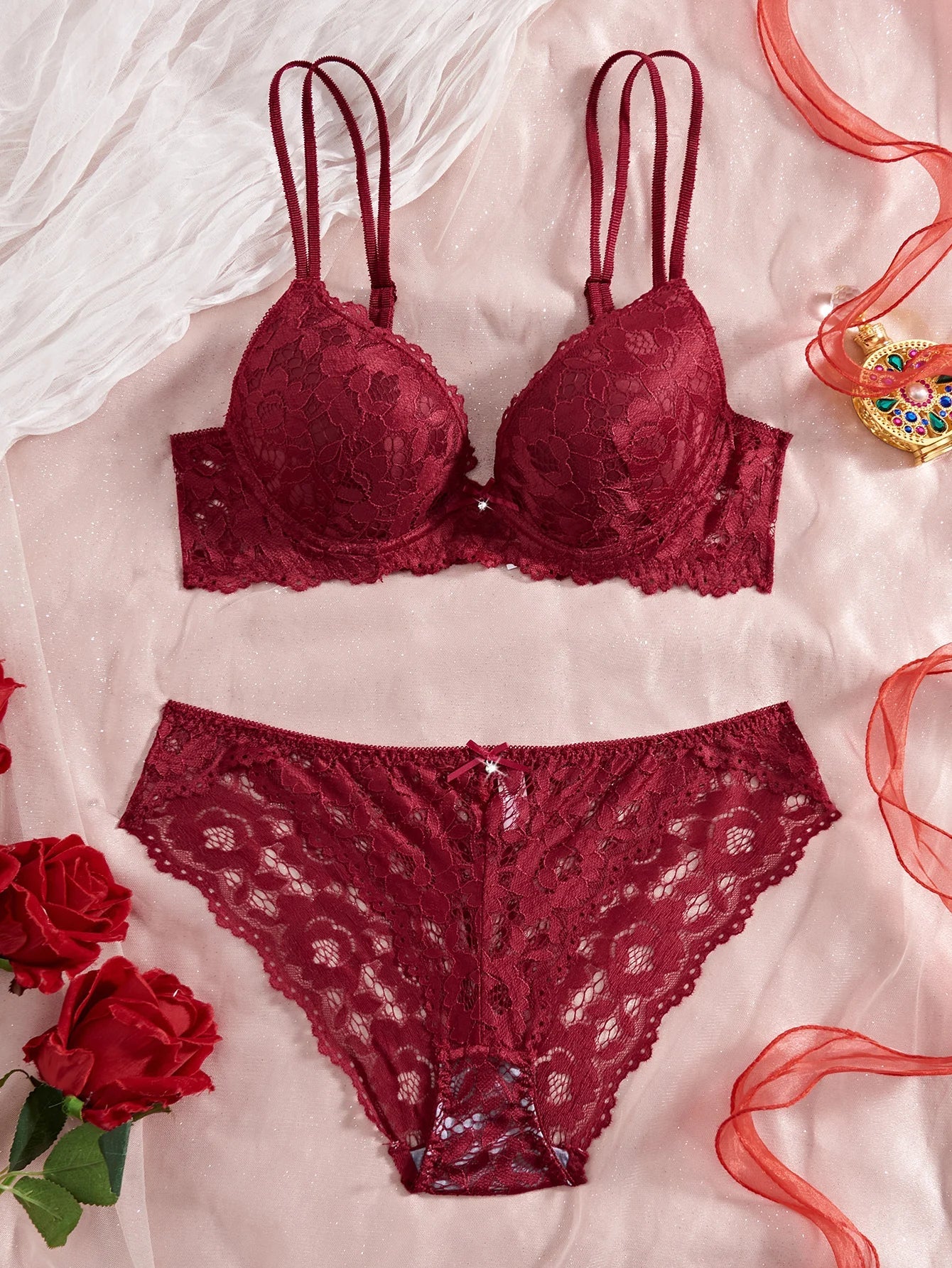 Women's Sexy Lingerie Set Lace Patchwork Solid Color Bowknot Rhinestone Embellished Push-Up Double Shoulder Strap Unlined Comfortable Underwear, Lace Semi-Transparent Breathable Panties