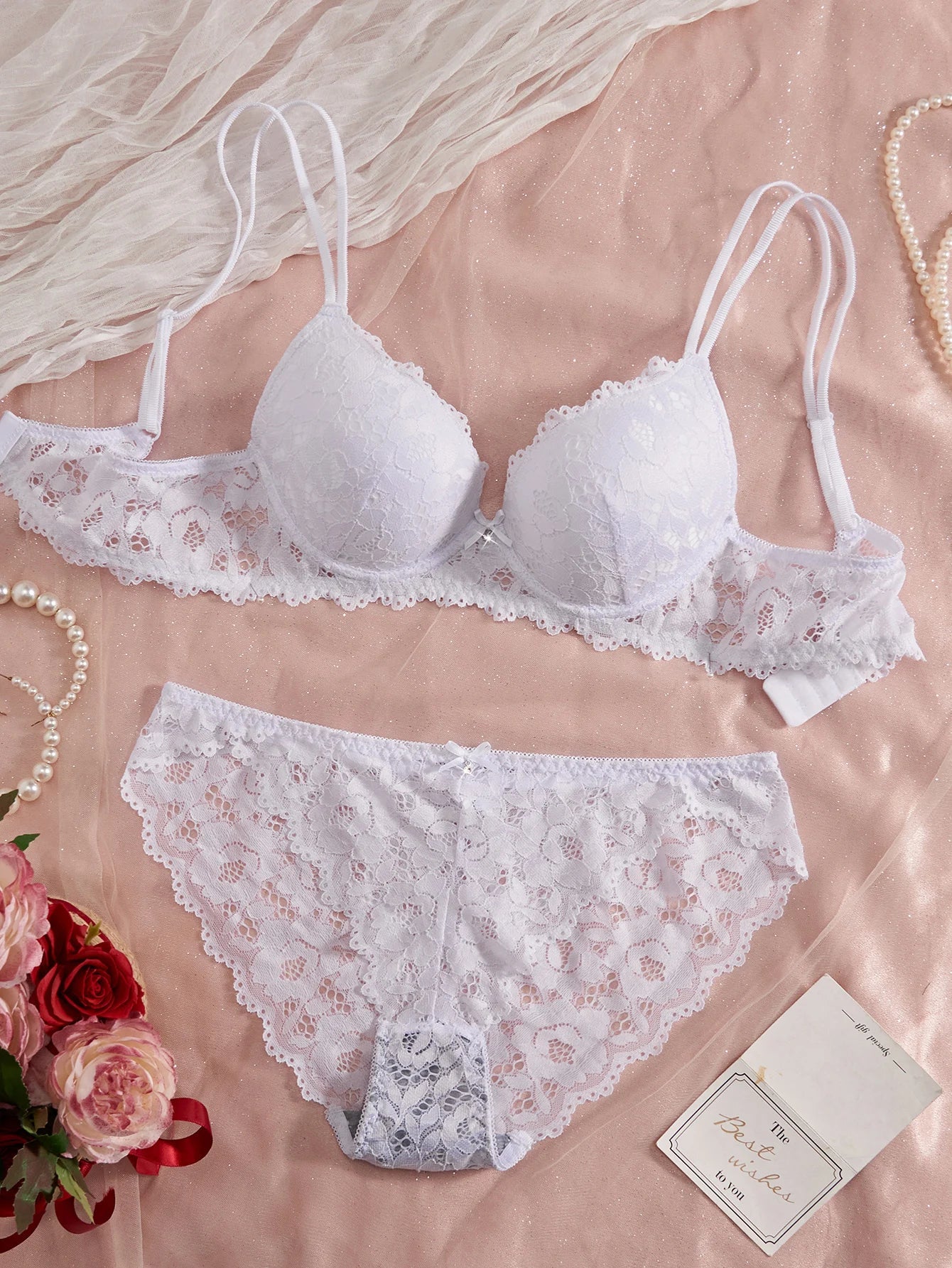 Women's Sexy Lingerie Set Lace Patchwork Solid Color Bowknot Rhinestone Embellished Push-Up Double Shoulder Strap Unlined Comfortable Underwear, Lace Semi-Transparent Breathable Panties
