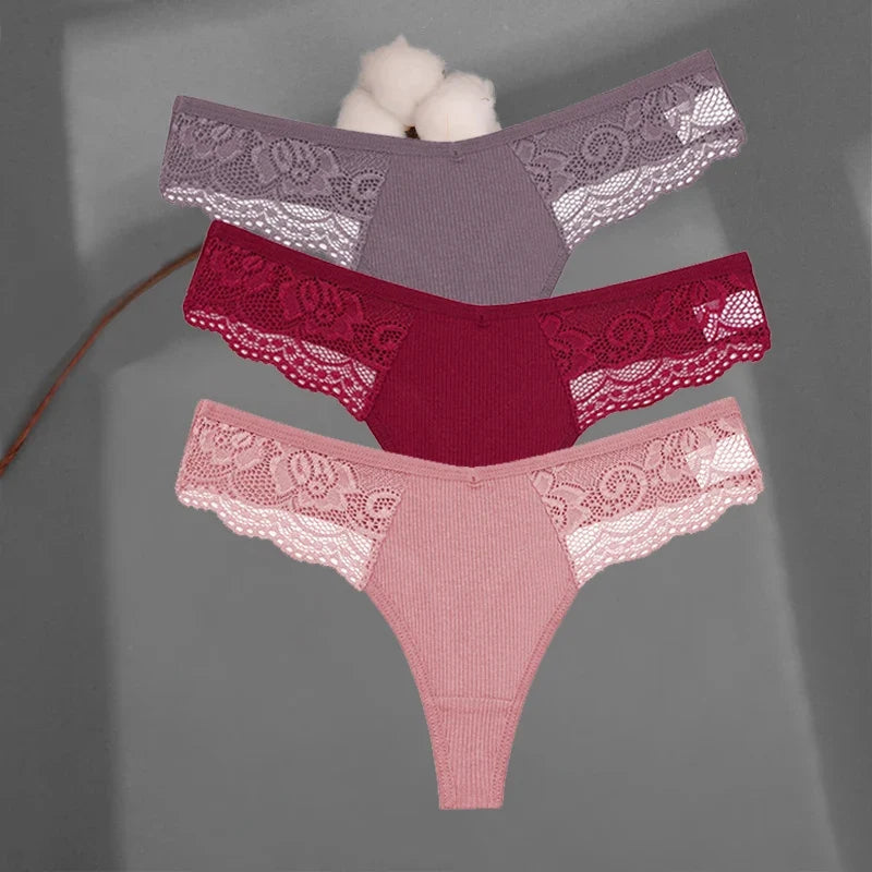 3Pcs/set Cotton Thongs Lace Bikini Underpants Women S-XL T-Back Underwear Ladies G-string Soft Thong Panties Female Lingerie New