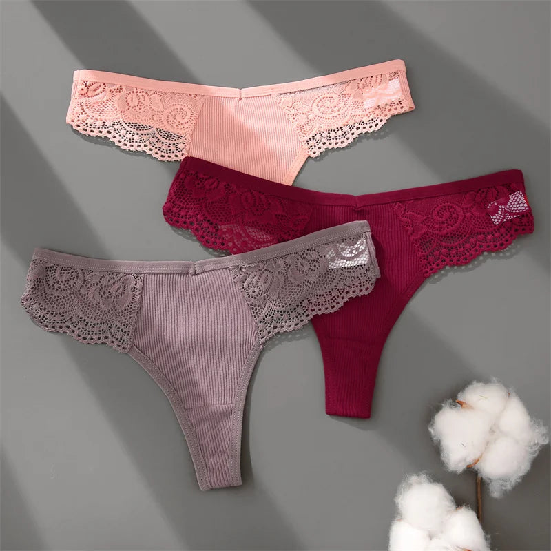 3Pcs/set Cotton Thongs Lace Bikini Underpants Women S-XL T-Back Underwear Ladies G-string Soft Thong Panties Female Lingerie New