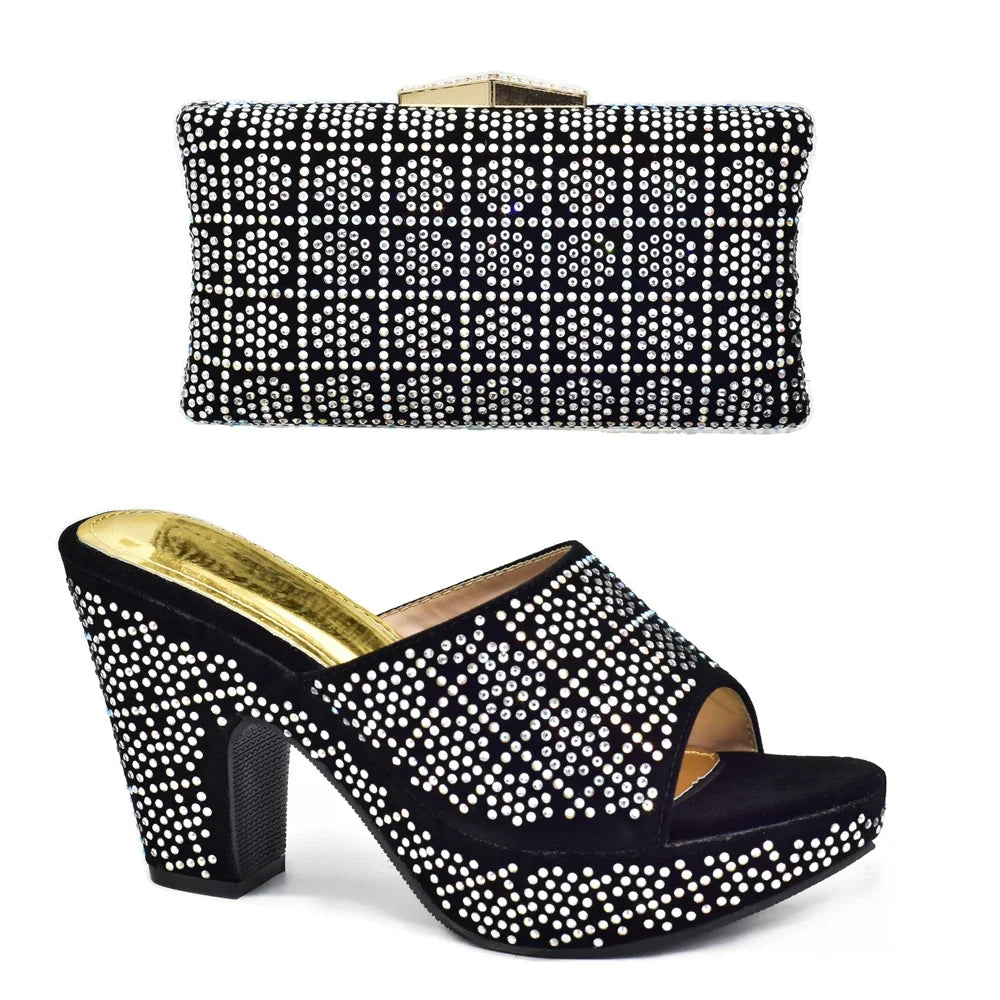 Italian Shoes and Bag Matching Set with Rhinestone