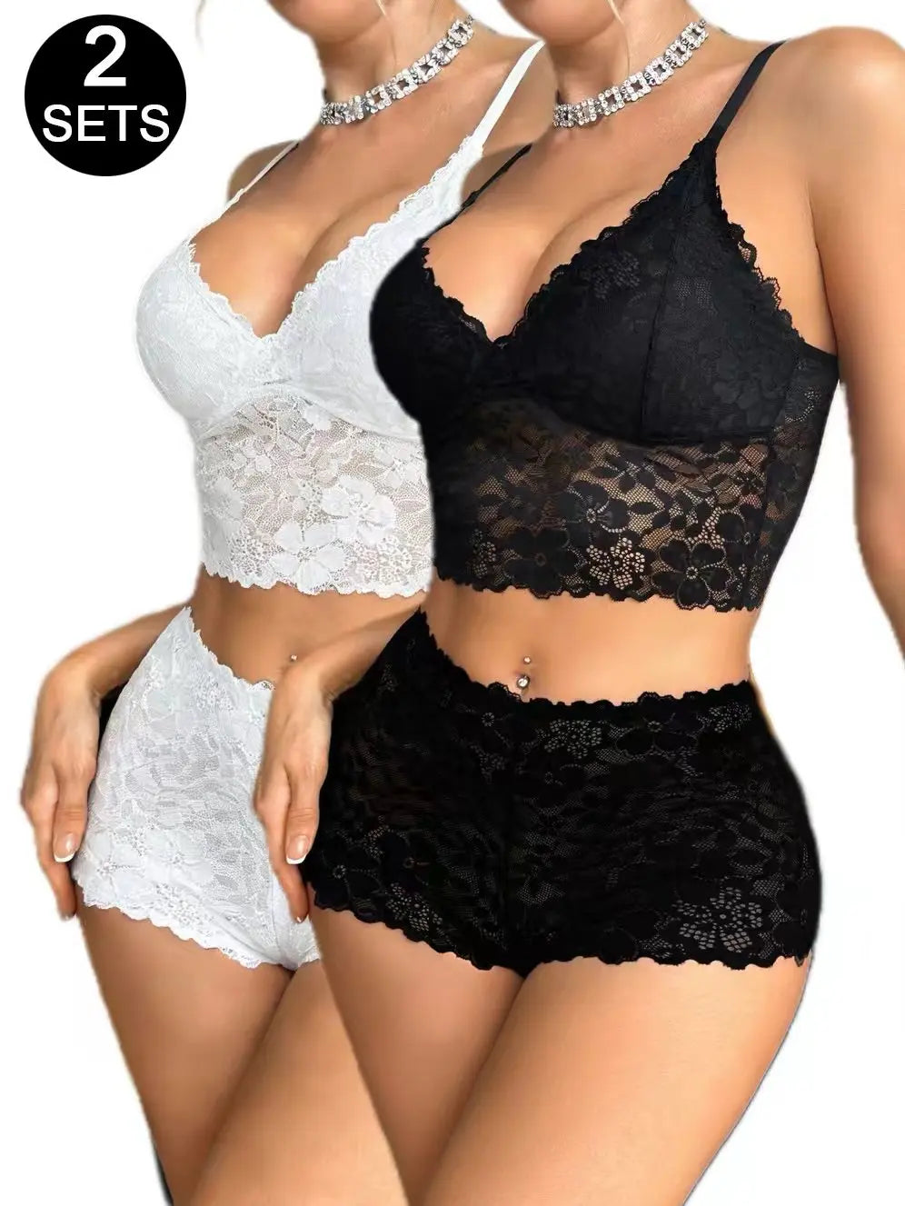 2 Sets Lace Women's Underwear Set Sexy Mesh Unlined Wireless Bra Soft Female Lace Panties Lingerie Set