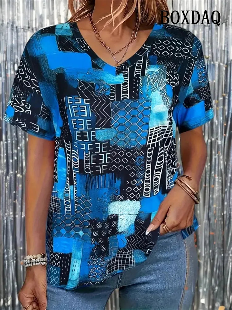 8XL Large Size T-Shirt Women Summer Casual Simple V-Neck Short-Sleeve