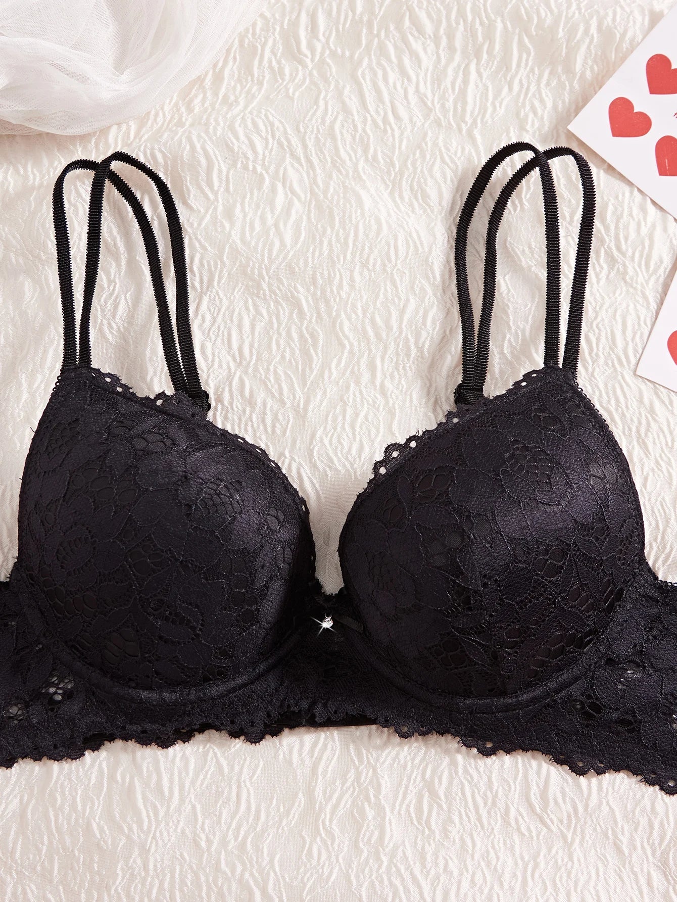 Women's Sexy Lingerie Set Lace Patchwork Solid Color Bowknot Rhinestone Embellished Push-Up Double Shoulder Strap Unlined Comfortable Underwear, Lace Semi-Transparent Breathable Panties