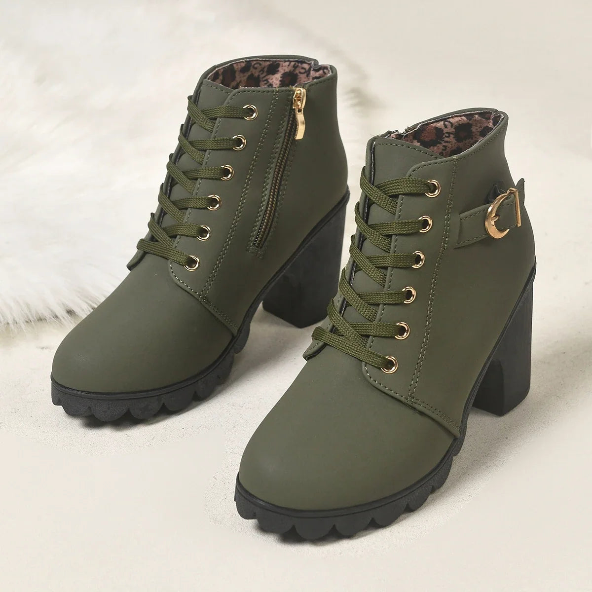 Women Lace‑Up Ankle Boots With Metal Buckle Side Zipper Chunky Block Heels