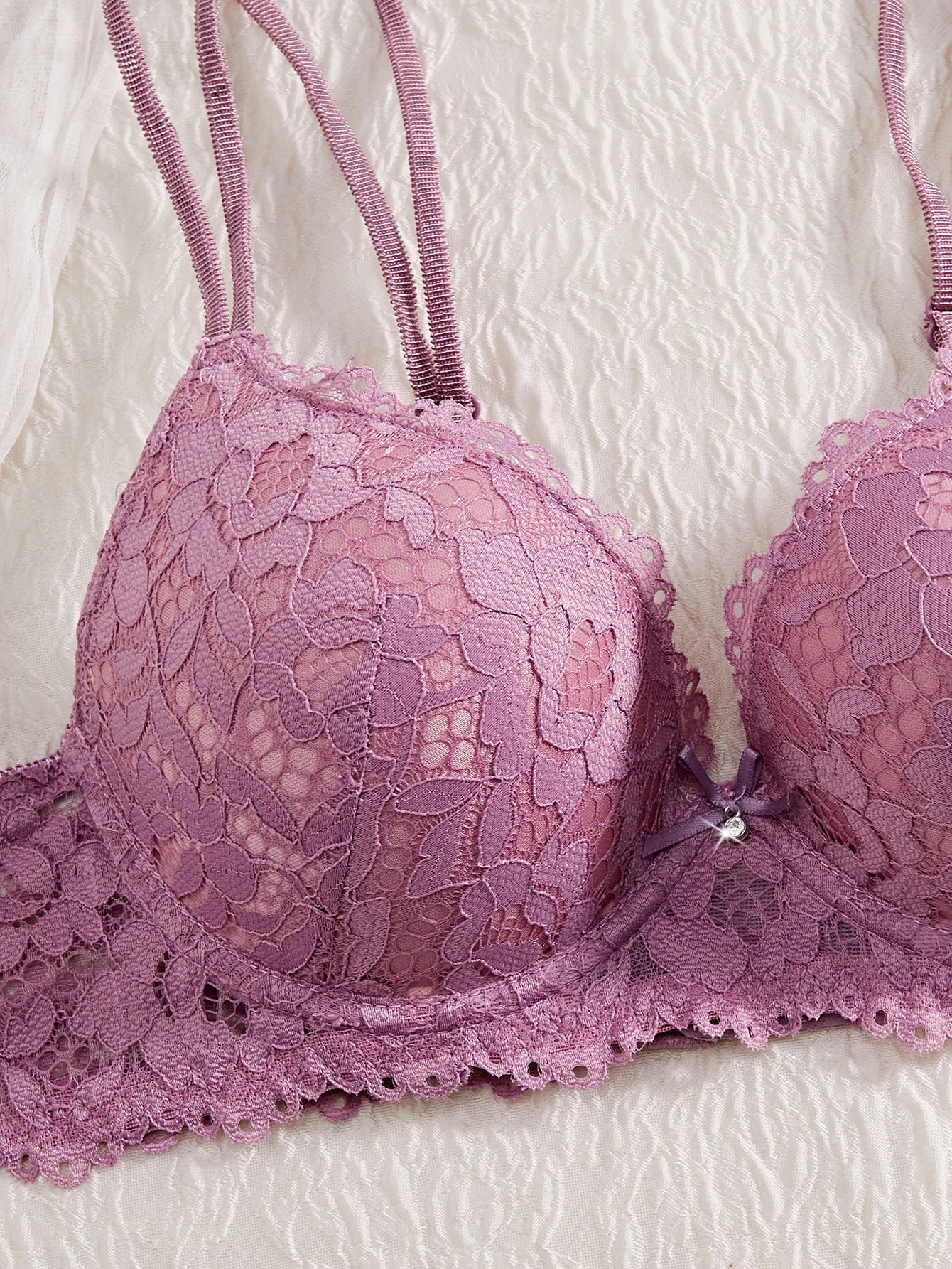 Women's Sexy Lingerie Set Lace Patchwork Solid Color Bowknot Rhinestone Embellished Push-Up Double Shoulder Strap Unlined Comfortable Underwear, Lace Semi-Transparent Breathable Panties