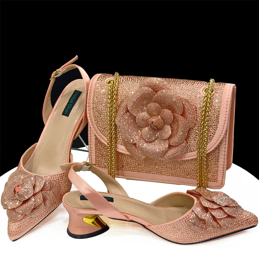 Italian Shoes And Bag Sets With Stones gold HDF1-3