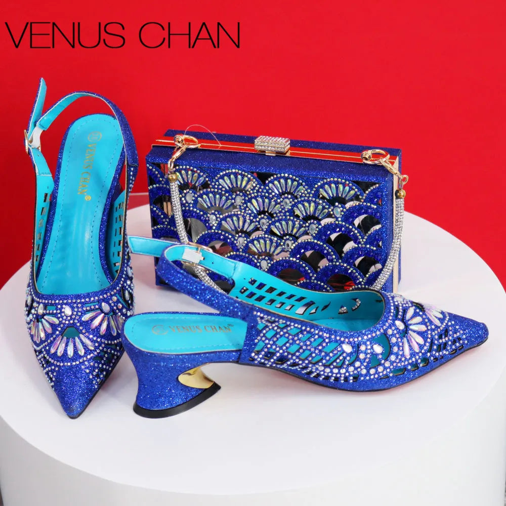 Italian Design Slope Heel Sequin Elegant Ladies Shoes and Bag Set