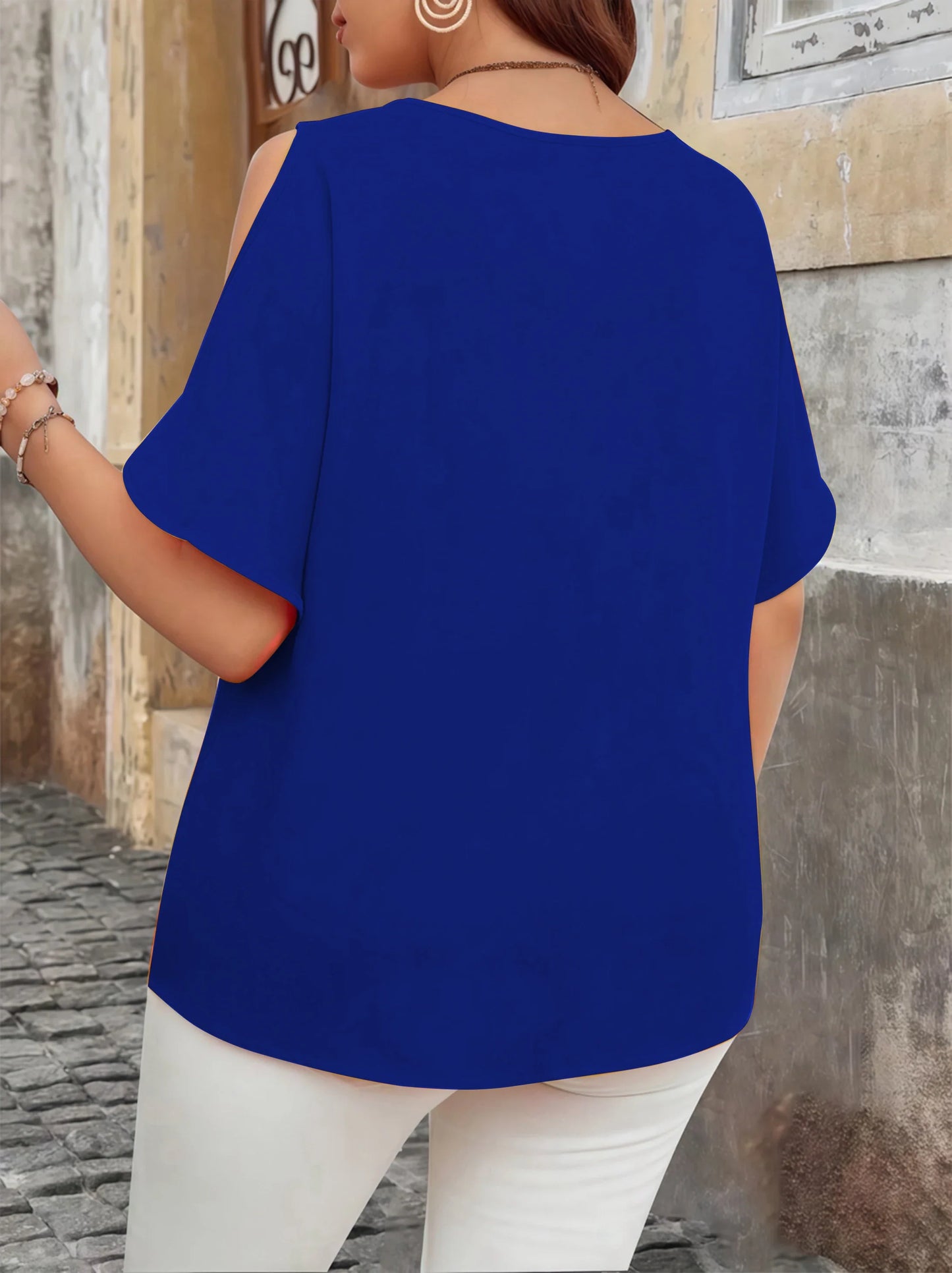 Elegant Off-Shoulder Wave V-Neck T-Shirt - Solid Color Plus Size Women's Blouse, Fashion Casual Short Sleeve Summer Top